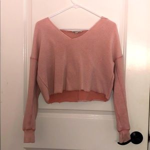 American Eagle Pink Cropped V neck Hoodie